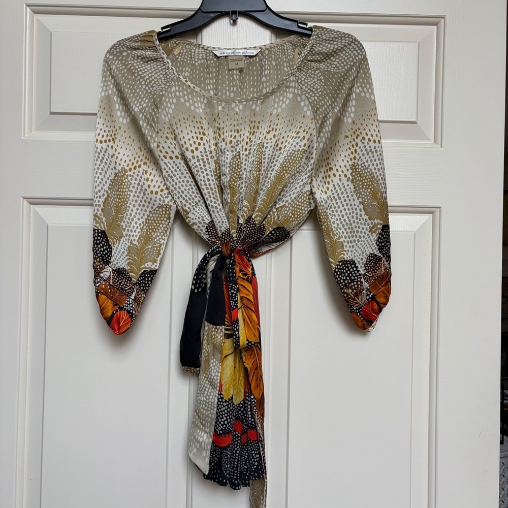Peter Nygard Womens Feather Print Pleated Blouse Belt Medium Western Festival - Picture 10 of 10
